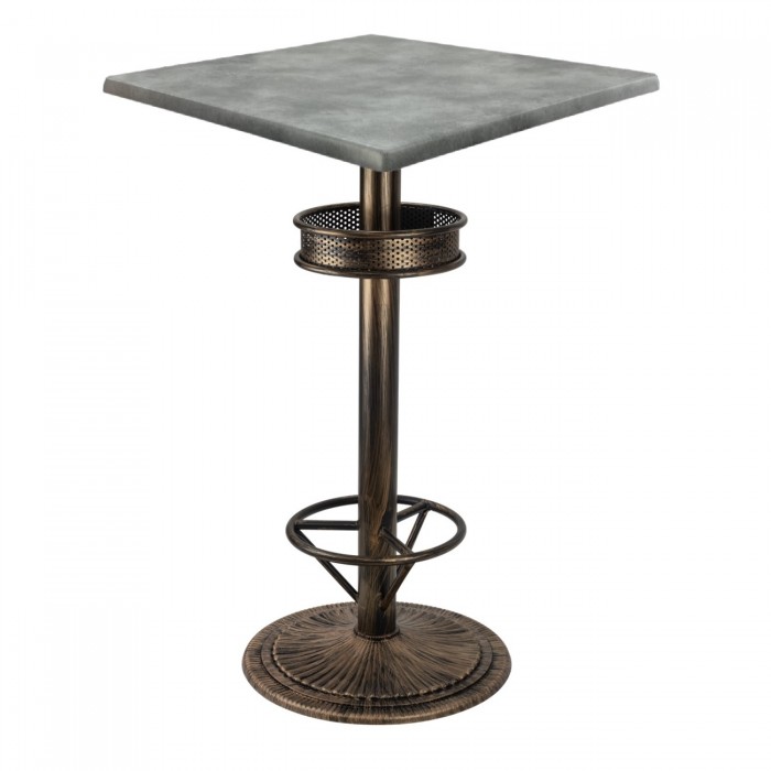 Masa bar patrata blat werzalit 70x70xh112cm Raki Copperfield cu picior metalic aspect vintage bronz antichizat 50xh110cm