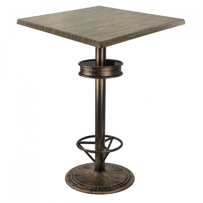 Masa bar inalta patrata 80x80xh112cm Raki Dark Seagrass blat werzalit si picior metalic aspect vintage bronz antichizat 50xh110cm
