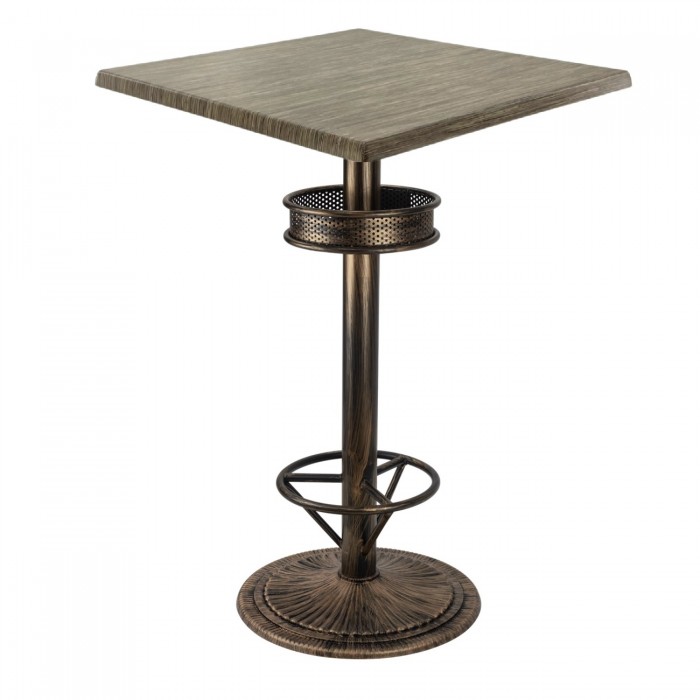 Masa inalta bar patrata 70x70xh112cm Raki Dark Seagrass blat werzalit si picior metalic aspect vintage bronz antichizat 50xh110cm