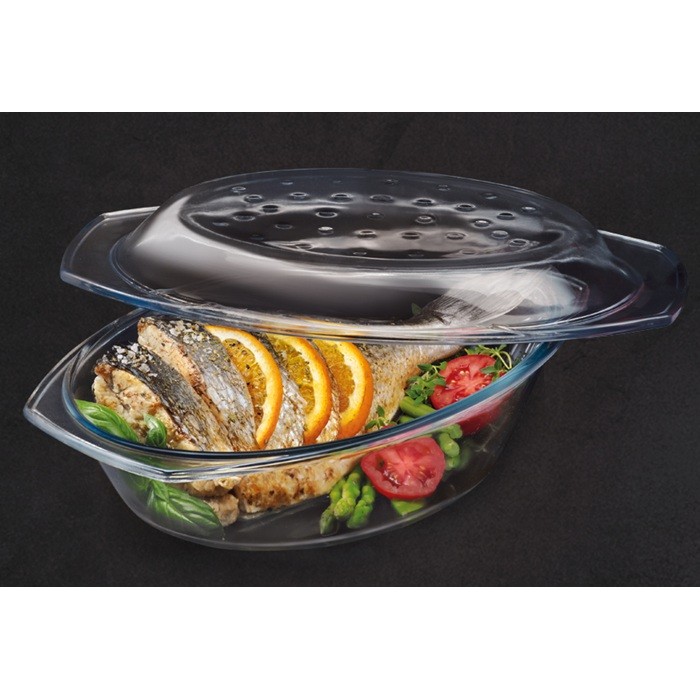 Vas yena cu capac WOL oval, sticla termorezistenta 2,9l 33,2x20,3xh11,1cm, cu grill antiaderent si picurator