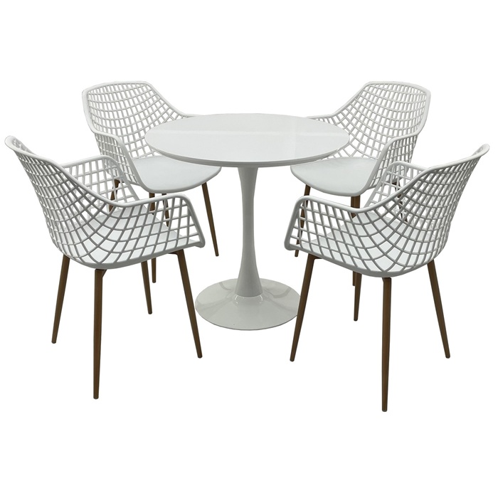 Set mobila bucatarie RAKI, masa rotunda alba D80xh76cm Nikko si 4 scaune polipropilena/picioare metalice Toyama albe