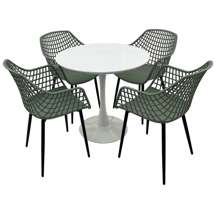 Set mobila bucatarie RAKI, masa rotunda alba D80xh76cm Nikko si 4 scaune polipropilena/picioare metalice Toyama verde/negru