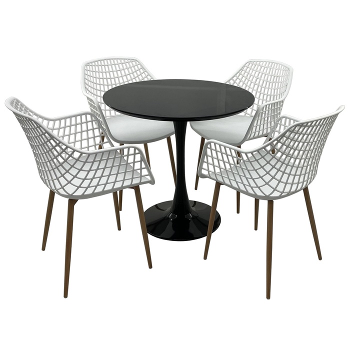 Set mobila bucatarie RAKI, masa rotunda neagra D80xh76cm Nikko si 4 scaune polipropilena/picioare metalice Toyama albe