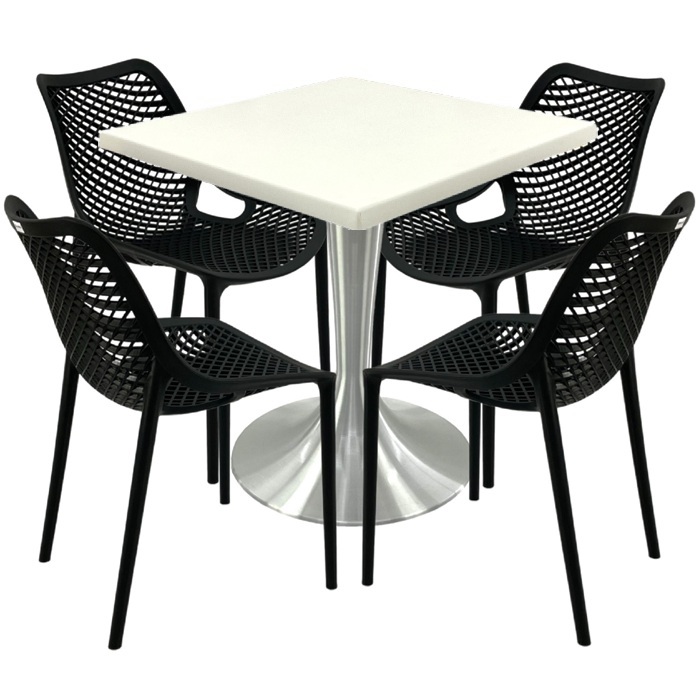 Mobilier restaurant,masa Raki Maple 80x80x74cm blat werzalit, 4 scaune London Air negru suprapozabile, picior aluminiu 50cm