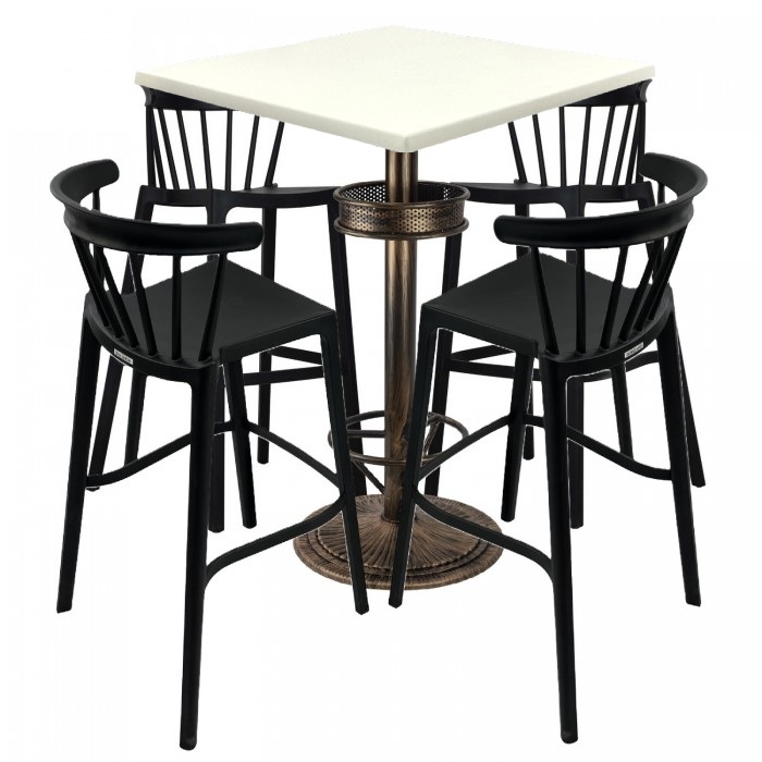 Set bar RAKI MAPLE, 4 scaune Aspen negre, masa inalta patrata 80x80xh110cm cu blat werzalit si baza metal aspect bronz vintage