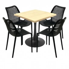 Set mobila terasa Raki Maple, 4 scaune London Air negru suprapozabile cu masa patrata 80x80x74cm blat werzalit si picior cu baza rotunda,negru