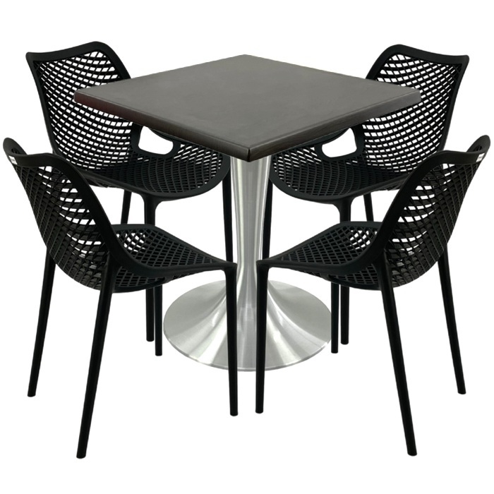Mobilier restaurant,masa Raki Maple 80x80x74cm blat werzalit, 4 scaune London Air negru suprapozabile, picior aluminiu 50cm