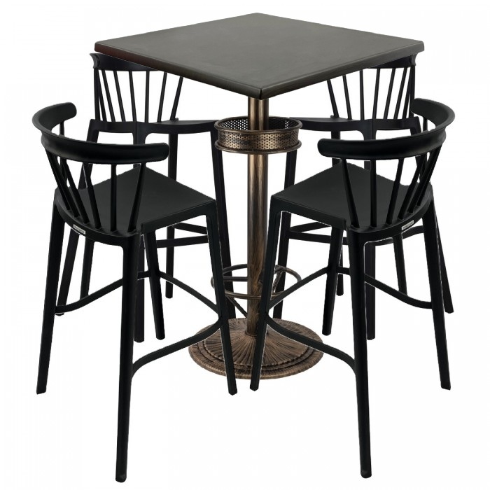 Set bar RAKI MAPLE, 4 scaune Aspen negre, masa inalta patrata 80x80xh110cm cu blat werzalit si baza metal aspect bronz vintage