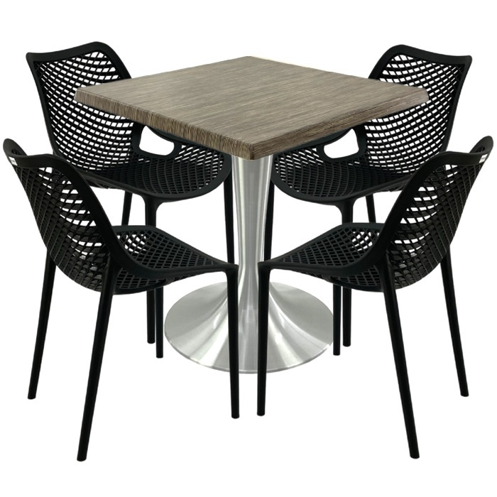 Mobilier restaurant,masa Raki Maple 80x80x74cm blat werzalit, 4 scaune London Air negru suprapozabile, picior aluminiu 50cm