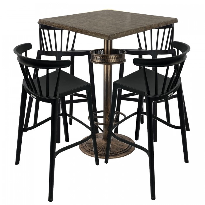Set bar RAKI MAPLE, 4 scaune Aspen negre, masa inalta patrata 80x80xh110cm cu blat werzalit si baza metal aspect bronz vintage