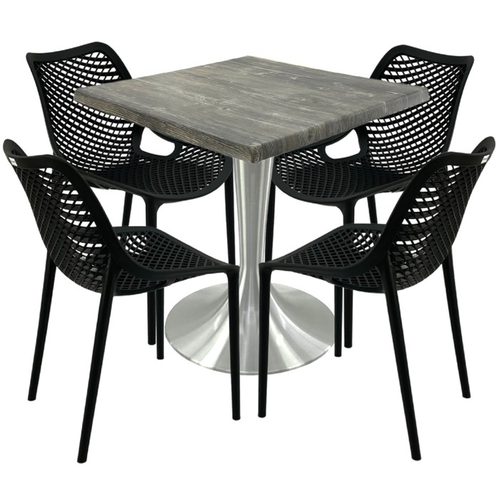 Mobilier restaurant,masa Raki Maple 80x80x74cm blat werzalit, 4 scaune London Air negru suprapozabile, picior aluminiu 50cm