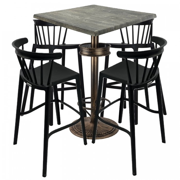 Set bar RAKI MAPLE, 4 scaune Aspen negre, masa inalta patrata 80x80xh110cm cu blat werzalit si baza metal aspect bronz vintage