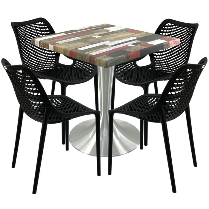 Mobilier restaurant,masa Raki Maple 80x80x74cm blat werzalit, 4 scaune London Air negru suprapozabile, picior aluminiu 50cm