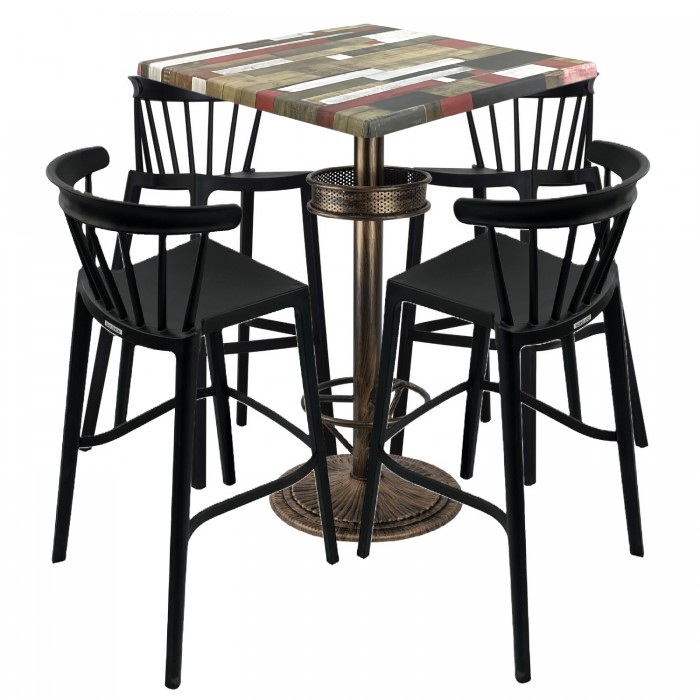 Set bar RAKI MAPLE, 4 scaune Aspen negre, masa inalta patrata 80x80xh110cm cu blat werzalit si baza metal aspect bronz vintage