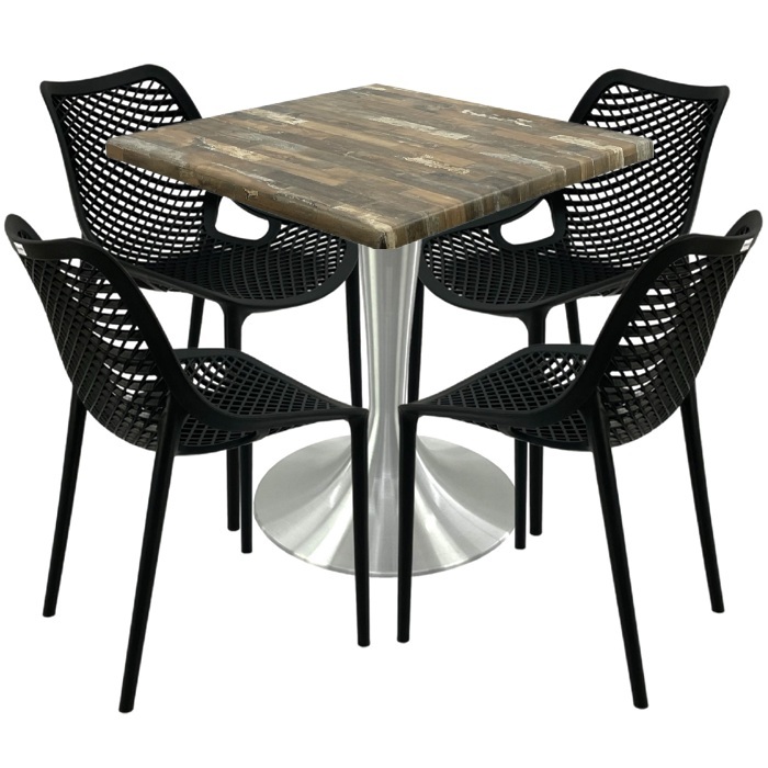 Mobilier restaurant,masa Raki Maple 80x80x74cm blat werzalit, 4 scaune London Air negru suprapozabile, picior aluminiu 50cm
