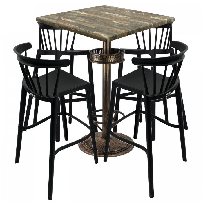 Set bar RAKI MAPLE, 4 scaune Aspen negre, masa inalta patrata 80x80xh110cm cu blat werzalit si baza metal aspect bronz vintage