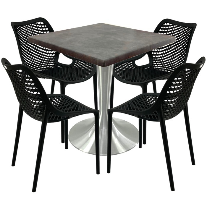 Mobilier restaurant,masa Raki Maple 80x80x74cm blat werzalit, 4 scaune London Air negru suprapozabile, picior aluminiu 50cm