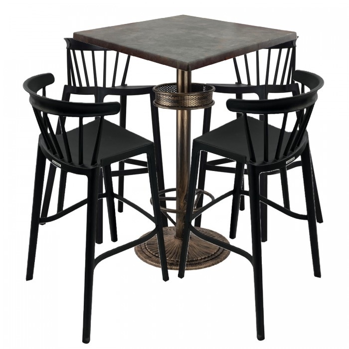Set bar RAKI MAPLE, 4 scaune Aspen negre, masa inalta patrata 80x80xh110cm cu blat werzalit si baza metal aspect bronz vintage