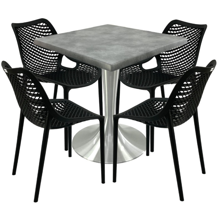 Mobilier restaurant,masa Raki Maple 80x80x74cm blat werzalit, 4 scaune London Air negru suprapozabile, picior aluminiu 50cm