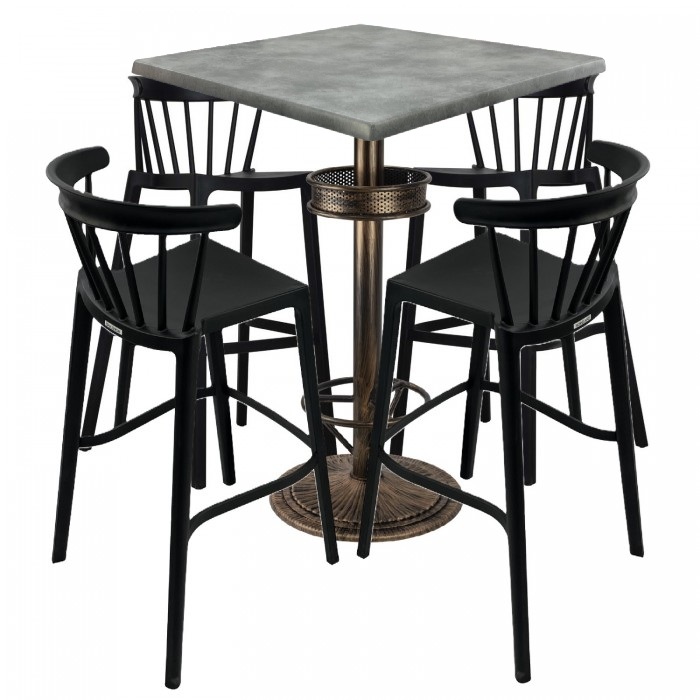 Set bar RAKI MAPLE, 4 scaune Aspen negre, masa inalta patrata 80x80xh110cm cu blat werzalit si baza metal aspect bronz vintage