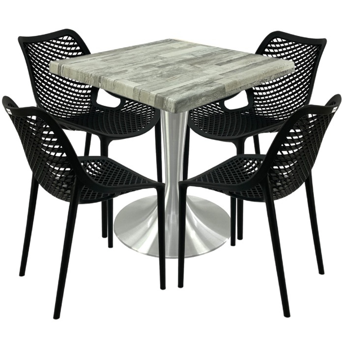 Mobilier restaurant,masa Raki Maple 80x80x74cm blat werzalit, 4 scaune London Air negru suprapozabile, picior aluminiu 50cm