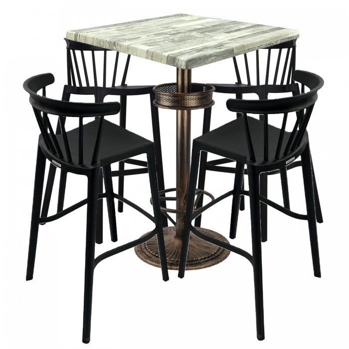 Set bar RAKI MAPLE, 4 scaune Aspen negre, masa inalta patrata 80x80xh110cm cu blat werzalit si baza metal aspect bronz vintage