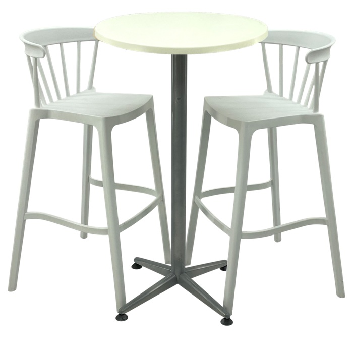 Set mobilier bar RAKI MAPLE, 2 scaune Aspen albe si masa inalta rotunda D60xh107cm cu blat werzalit si picior metalic clasic