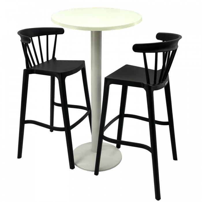 Set mobilier bar RAKI MAPLE, 2 scaune Aspen negre si masa inalta rotunda D60xh112cm cu blat werzalit si baza metalica alba