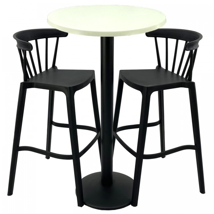Set mobilier bar RAKI MAPLE, 2 scaune Aspen negre si masa inalta rotunda D60xh112cm cu blat werzalit si picior metalic negru