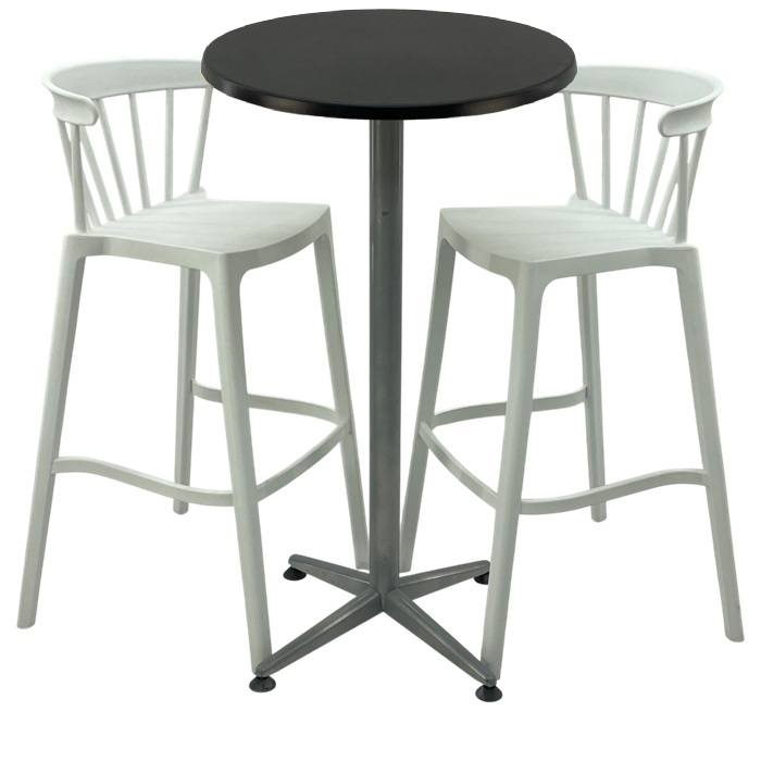 Set mobilier bar RAKI MAPLE, 2 scaune Aspen albe si masa inalta rotunda D60xh107cm cu blat werzalit si picior metalic clasic