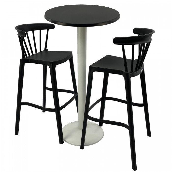 Set mobilier bar RAKI MAPLE, 2 scaune Aspen negre si masa inalta rotunda D60xh112cm cu blat werzalit si baza metalica alba