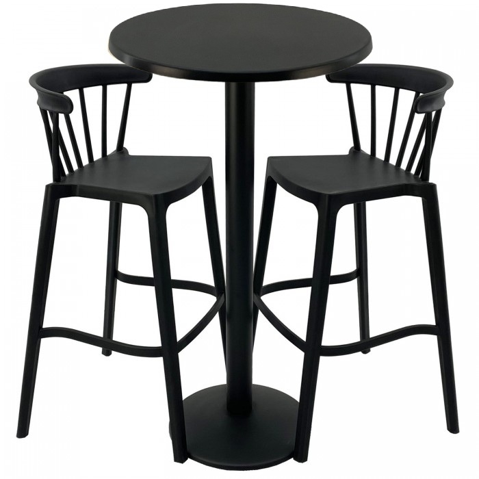 Set mobilier bar RAKI MAPLE, 2 scaune Aspen negre si masa inalta rotunda D60xh112cm cu blat werzalit si picior metalic negru