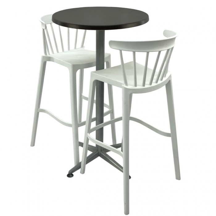 Set mobilier bar RAKI MAPLE, 2 scaune Aspen albe si masa inalta rotunda D60xh107cm cu blat werzalit si picior metalic clasic