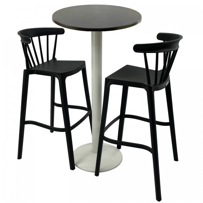 Set mobilier bar RAKI MAPLE, 2 scaune Aspen negre si masa inalta rotunda D60xh112cm cu blat werzalit si baza metalica alba