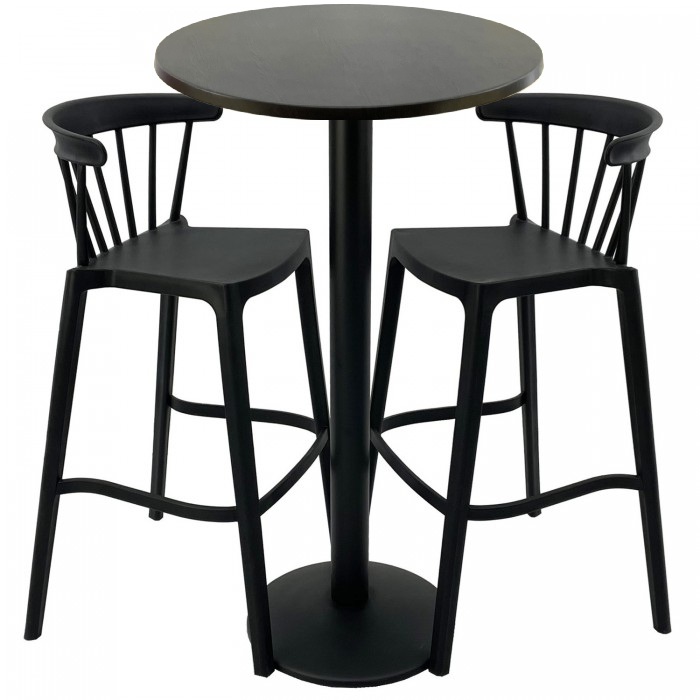Set mobilier bar RAKI MAPLE, 2 scaune Aspen negre si masa inalta rotunda D60xh112cm cu blat werzalit si picior metalic negru