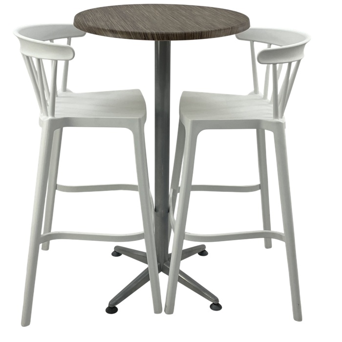 Set mobilier bar RAKI MAPLE, 2 scaune Aspen albe si masa inalta rotunda D60xh107cm cu blat werzalit si picior metalic clasic