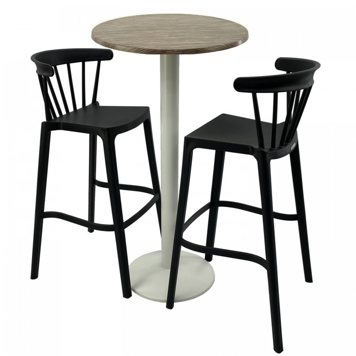 Set mobilier bar RAKI MAPLE, 2 scaune Aspen negre si masa inalta rotunda D60xh112cm cu blat werzalit si baza metalica alba