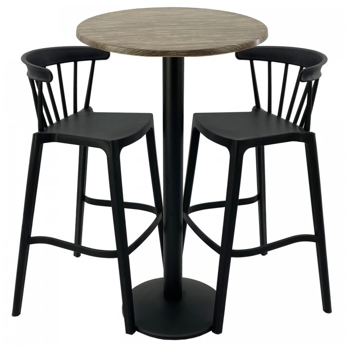 Set mobilier bar RAKI MAPLE, 2 scaune Aspen negre si masa inalta rotunda D60xh112cm cu blat werzalit si picior metalic negru