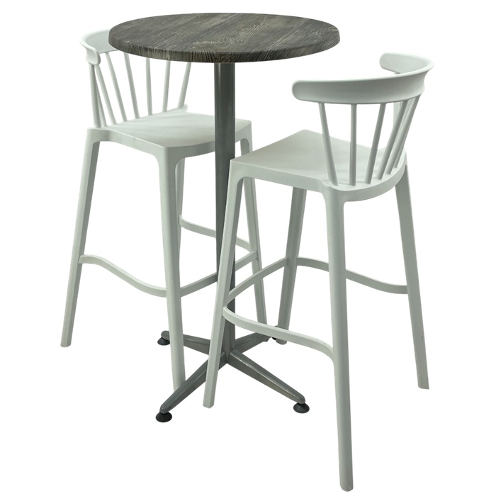 Set mobilier bar RAKI MAPLE, 2 scaune Aspen albe si masa inalta rotunda D60xh107cm cu blat werzalit si picior metalic clasic