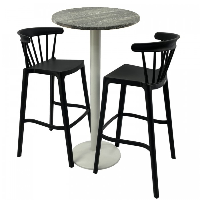Set mobilier bar RAKI MAPLE, 2 scaune Aspen negre si masa inalta rotunda D60xh112cm cu blat werzalit si baza metalica alba