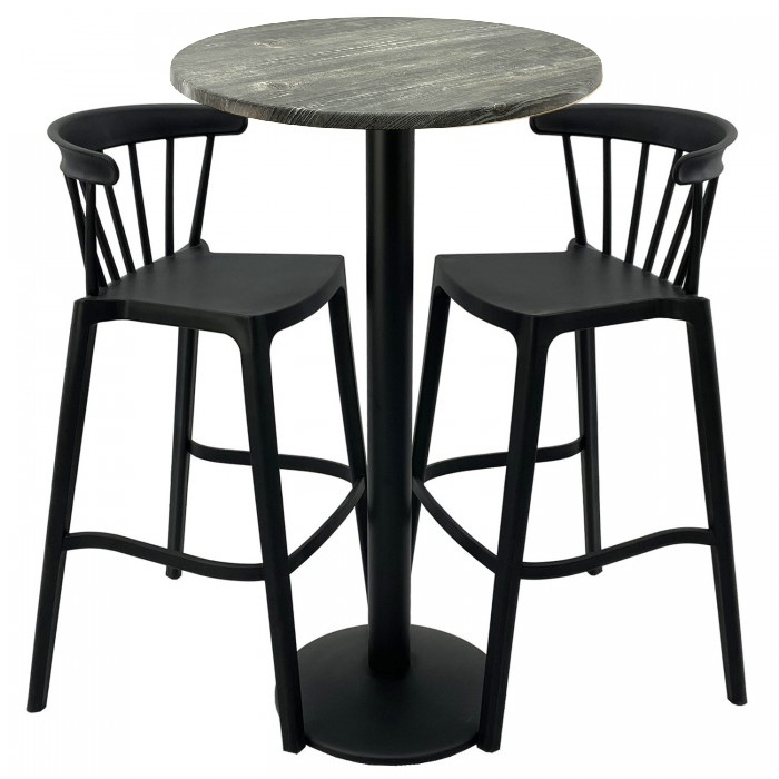 Set mobilier bar RAKI MAPLE, 2 scaune Aspen negre si masa inalta rotunda D60xh112cm cu blat werzalit si picior metalic negru