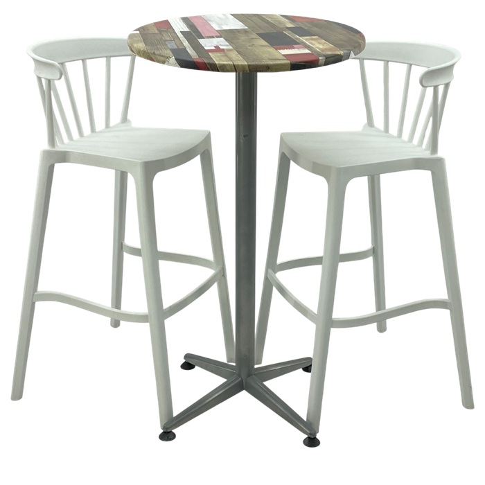 Set mobilier bar RAKI MAPLE, 2 scaune Aspen albe si masa inalta rotunda D60xh107cm cu blat werzalit si picior metalic clasic