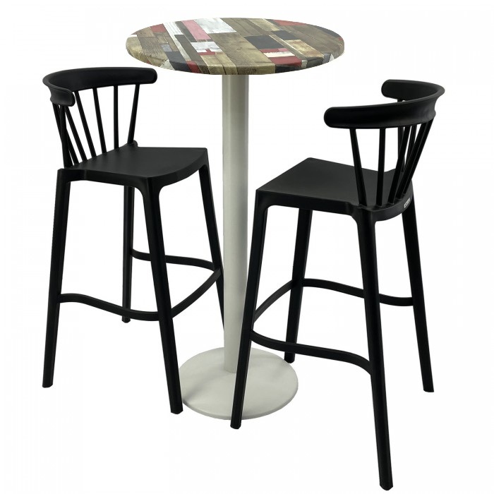 Set mobilier bar RAKI MAPLE, 2 scaune Aspen negre si masa inalta rotunda D60xh112cm cu blat werzalit si baza metalica alba