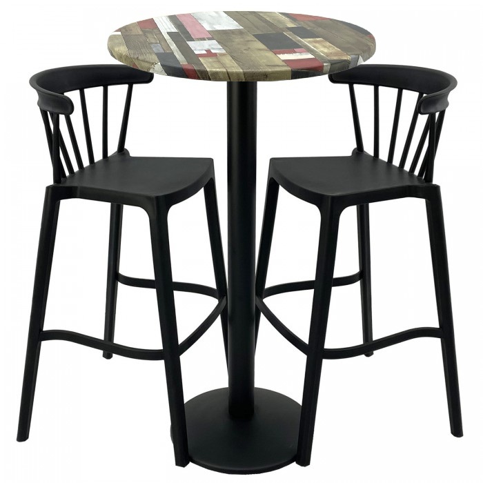 Set mobilier bar RAKI MAPLE, 2 scaune Aspen negre si masa inalta rotunda D60xh112cm cu blat werzalit si picior metalic negru