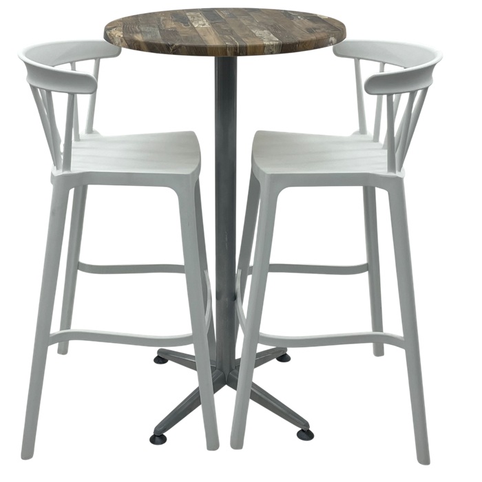 Set mobilier bar RAKI MAPLE, 2 scaune Aspen albe si masa inalta rotunda D60xh107cm cu blat werzalit si picior metalic clasic