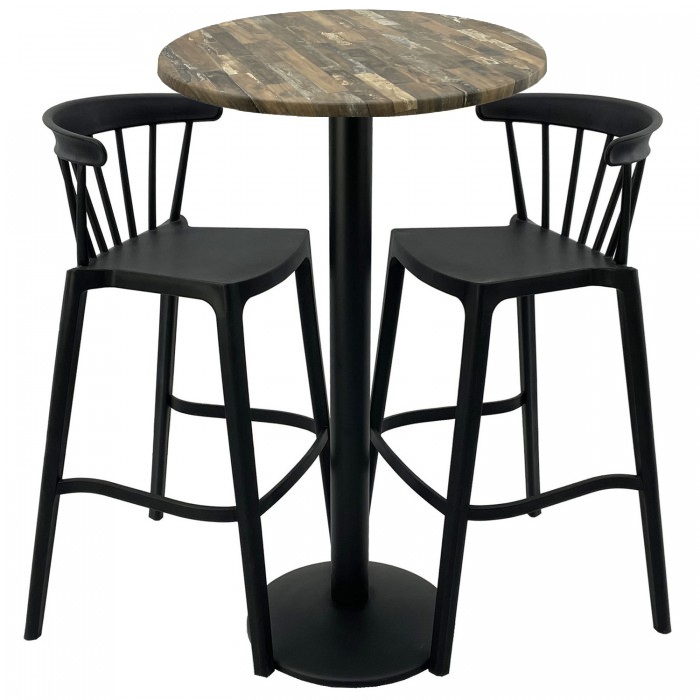 Set mobilier bar RAKI MAPLE, 2 scaune Aspen negre si masa inalta rotunda D60xh112cm cu blat werzalit si picior metalic negru