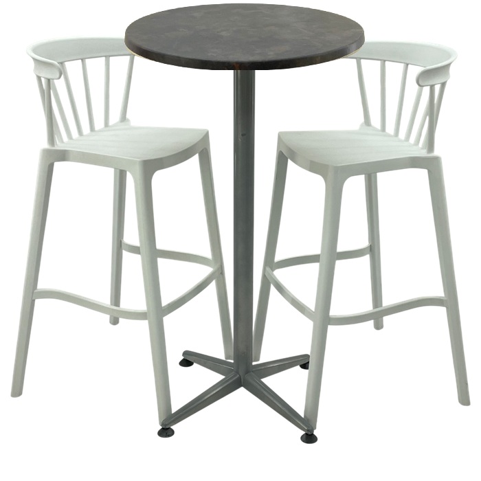 Set mobilier bar RAKI MAPLE, 2 scaune Aspen albe si masa inalta rotunda D60xh107cm cu blat werzalit si picior metalic clasic