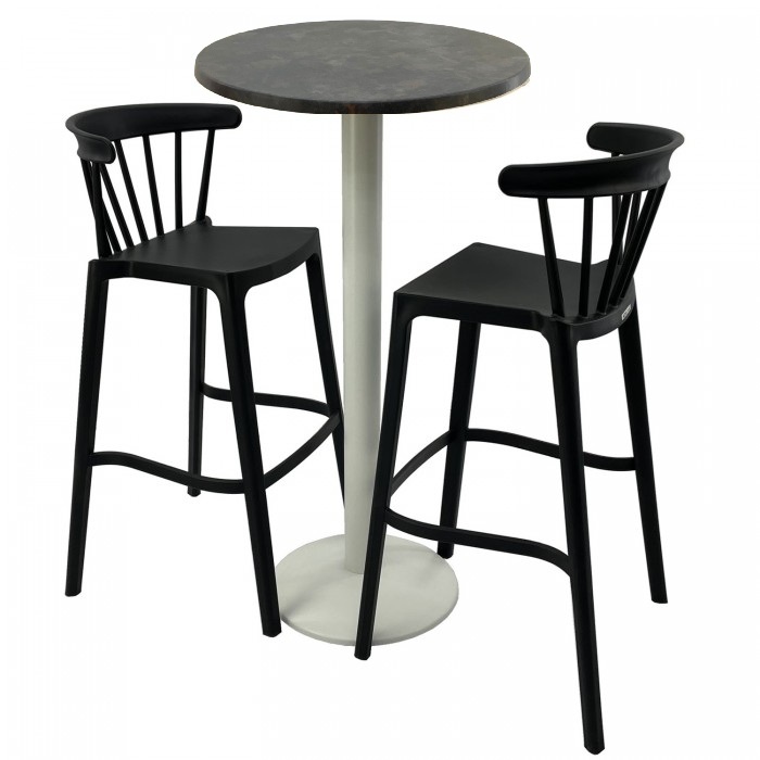Set mobilier bar RAKI MAPLE, 2 scaune Aspen negre si masa inalta rotunda D60xh112cm cu blat werzalit si baza metalica alba
