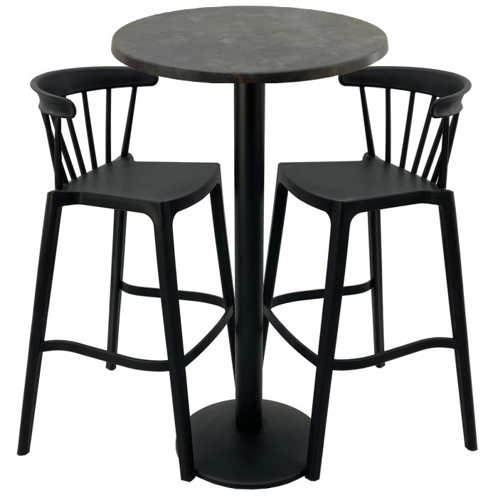 Set mobilier bar RAKI MAPLE, 2 scaune Aspen negre si masa inalta rotunda D60xh112cm cu blat werzalit si picior metalic negru