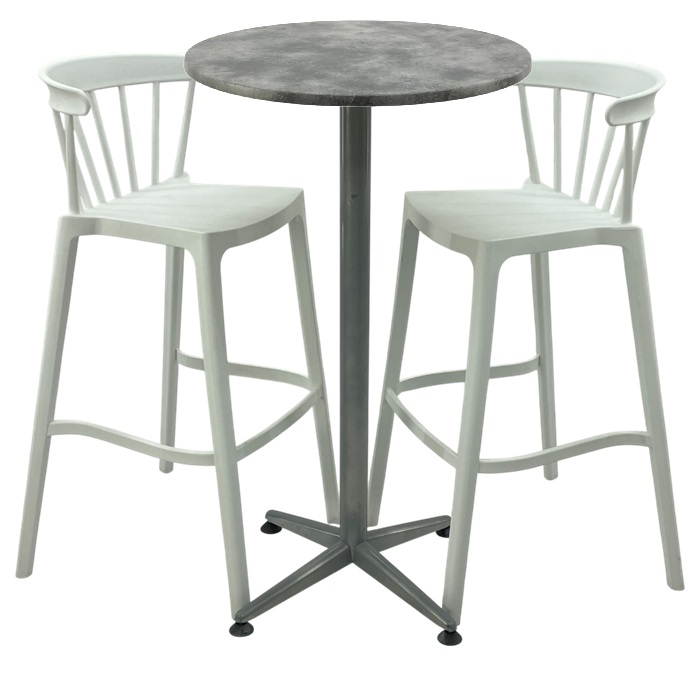 Set mobilier bar RAKI MAPLE, 2 scaune Aspen albe si masa inalta rotunda D60xh107cm cu blat werzalit si picior metalic clasic